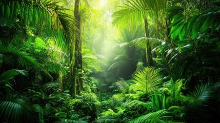 Lush green jungle path with sunlight streaming through dense foliage.