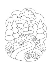Serene Forest Scene with Winding River – Adult Coloring Page on White Background