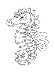 Steampunk Mechanical Seahorse with Intricate Details – Adult Coloring Page on White Background
