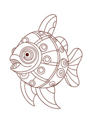 Steampunk Mechanical Fish with Intricate Gears – Adult Coloring Page on White Background