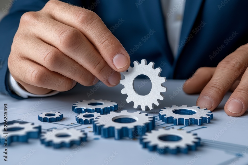 Aufkleber a businessman touching a digital icon of gears on a table with other mechanical parts and a circuit 