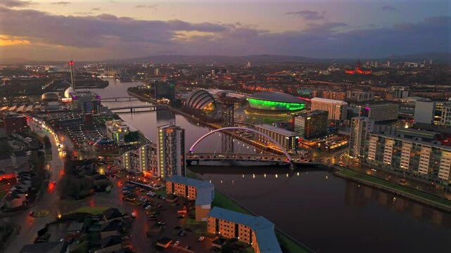 Aerial Clyde river Glasgow with Arc bridge, armadillo dome sec center