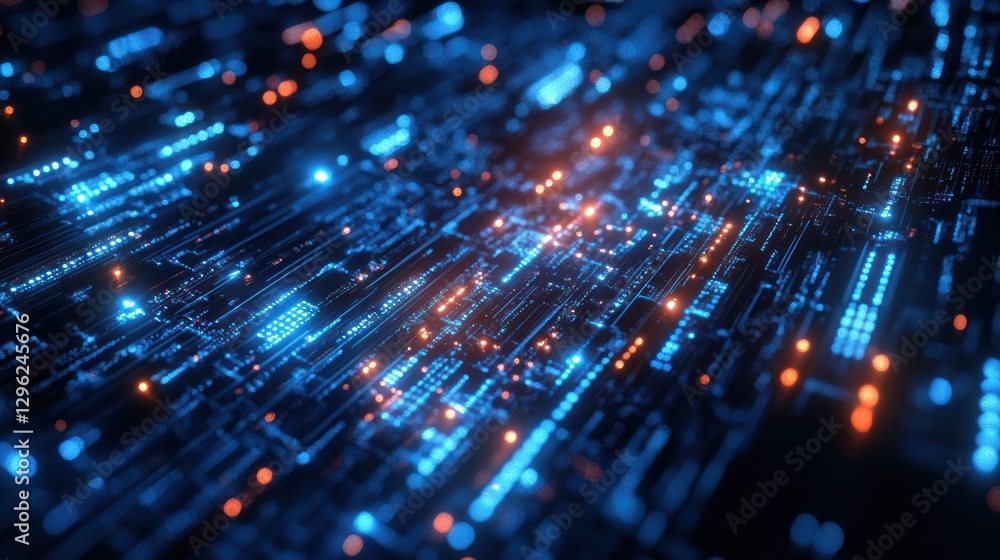 Poster abstract digital circuit board; glowing nodes; data flow; tech background; website banner