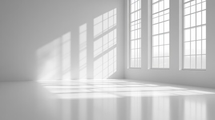 A minimalist canvas of white concrete, where geometric forms dance in a symphony of light and shadow, framed by expansive windows revealing the vast expanse beyond. 3D rendered.