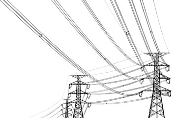 Silhouette of high voltage transmission line made of steel frame isolated on png file with transparent background.