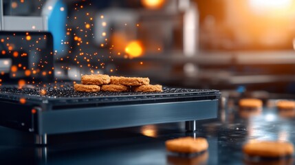 Crispy Chicken Nuggets Cooking on Modern Grill Surrounded by Bubbles and Reflections in Bright Kitchen Environment