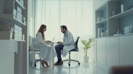 Rare illness treatment plan discussion in a bright clinic room. Featuring collaboration and clarity