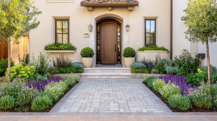 Naklejka premium A home entrance with a well-organized front yard, blending greenery with modern landscaping.
