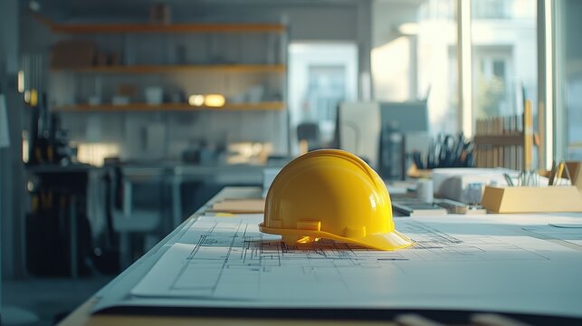 A meticulous architectural project unfolded before the viewer, as a close-up captured a yellow hard hat perched on top of a design equipment table, signifying the dedication and precision involved in