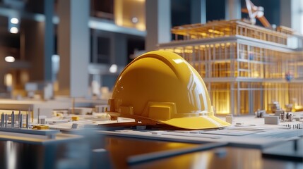 A meticulous architectural project unfolded before the viewer, as a close-up captured a yellow hard hat perched on top of a design equipment table, signifying the dedication and precision involved in