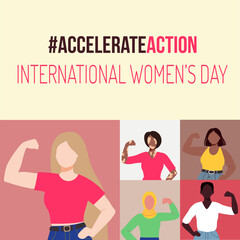 The image is a collage of women with different skin tones and features a pink background. The image is titled "International Women's Day"