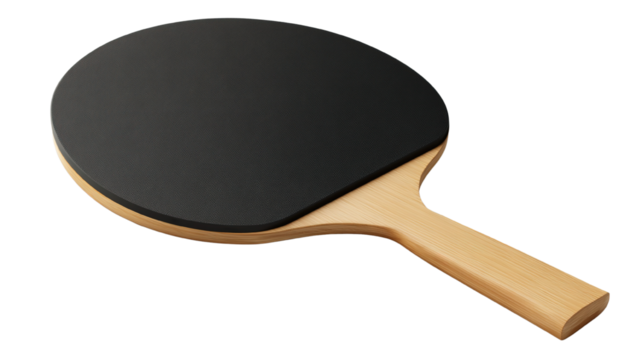A detailed close-up of a ping pong paddle with a wooden handle, isolated on a transparent background. The rubber surface of the paddle is smooth, showcasing its sleek design and vibrant color
