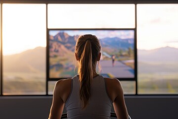 Woman Exercising on Stationary Bike with Scenic Background View