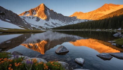 Naklejka premium Mountain Reflection at Lake During Golden Hour with Flowers in Foreground