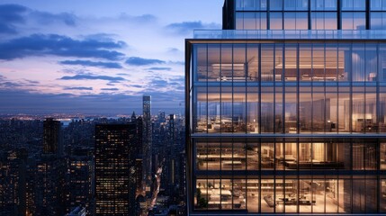 A sleek, glass-walled business center stands illuminated against the backdrop of a vibrant cityscape, a testament to the modern age is pursuit of innovation and progress.
