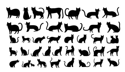 A set of different black cat silhouettes in a simple, flat design style. Each cat features unique poses and shapes