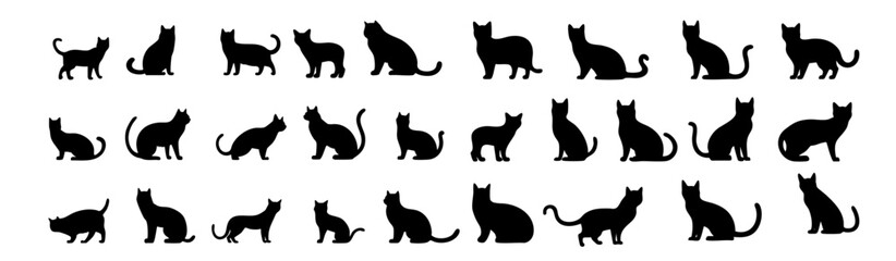 A set of different black cat silhouettes in a simple, flat design style. Each cat features unique poses and shapes