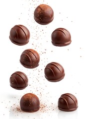 Fototapeta premium Falling chocolate chips, scattered chocolate chips on white background, floating chocolate chips,