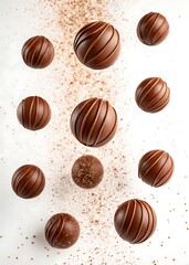 Falling chocolate chips, scattered chocolate chips on white background, floating chocolate chips,