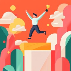 Flat vector design of a competition winner in business attire jumping in the air with a trophy on the podium 