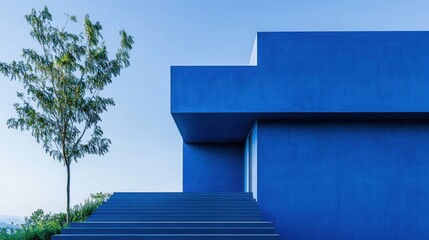 Clean and contemporary facades in a striking shade of azure, bathed in the soft glow of the sky, exude an aura of tranquility and modernity.
