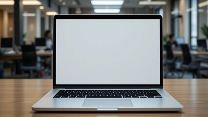 Fototapeta premium A modern laptop with a blank screen on a wooden desk in a blur office background