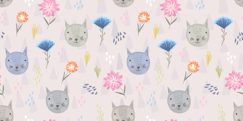 Cute kids seamless pattern with colorful cat heads, hearts and childish flowers. Hand drawing children pets and floral print for textile design, wrapping paper, surface