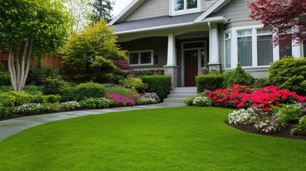 Obraz premium A minimalist front yard layout with carefully positioned greenery to avoid door blockage.
