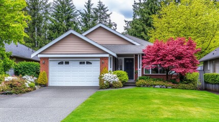 A modern front yard landscape with a well-balanced mix of greenery and decorative elements.