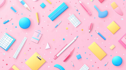 Modern flat background featuring school supplies with a minimalist design for back-to-school theme