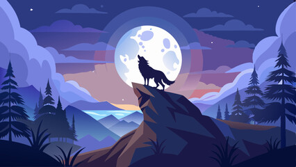 A lone wolf howling, captured in silhouette form, standing on a hill under a full moon © williamnoah