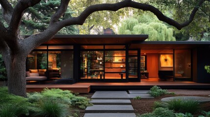 A modern house entrance with a clear path, avoiding large trees blocking the doorway.