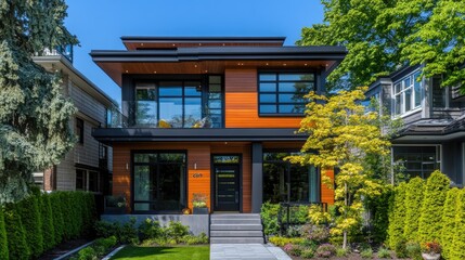 A modern house front yard with tree placement that complements architectural elements.