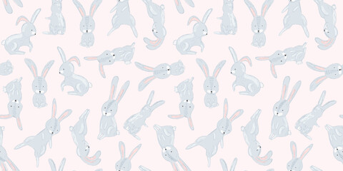 Tender light pink baby seamless pattern with drawing jumping, sitting, sleeping gray Easter rabbits. Hand drawn sketch hare print for kids textile design, wrapping paper, children package