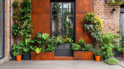 Fototapeta premium A modern patio with fire element plants supporting personal and career success.