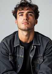 Fototapeta premium Close-up portrait of a young man with curly hair wearing a denim jacket.