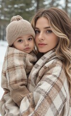 Obraz premium Close-up portrait of a young blonde mother tenderly holding her toddler wrapped in a cozy plaid blanket in a snowy winter setting.