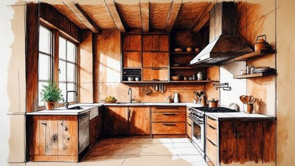 Kitchen interior sketch. Wood cabinets, countertop, sink under window. Hand drawn design in brown and white tones. Kitchenware, plant pot on background.