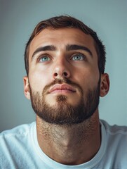 Obraz premium Close-up portrait of a young man with a beard looking upwards against a neutral background.