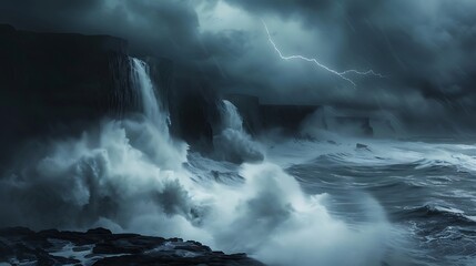 Obraz premium Dramatic Coastal Storm Waterfall, Cliffs, and Ocean Waves Art