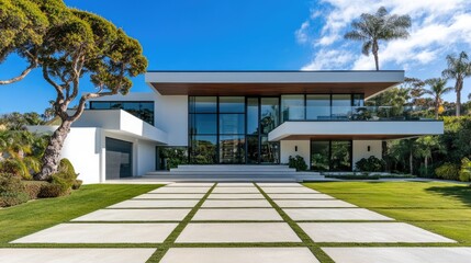A spacious front yard with trees planted strategically to prevent entrance blockage.