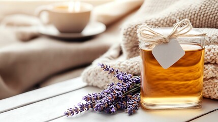 Fototapeta premium self-care routines mindfulness ritual. A cozy setup featuring a jar of honey, lavender sprigs, and a cup of tea, evoking a warm and inviting atmosphere.