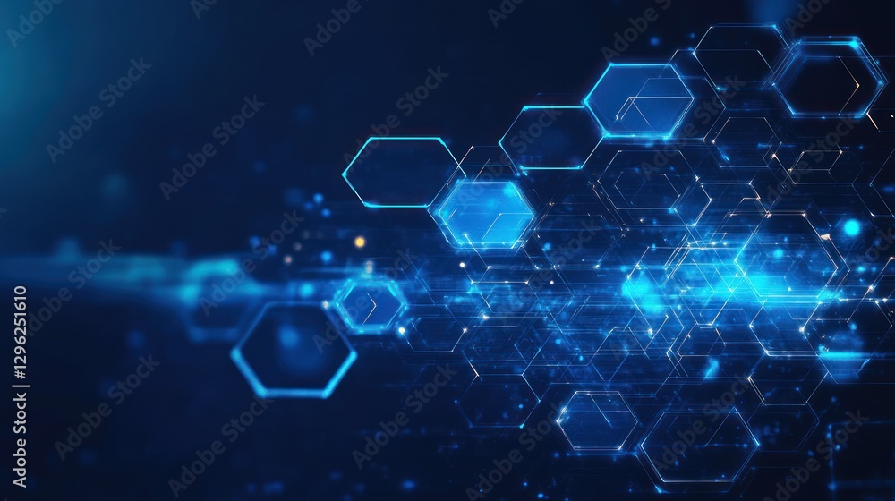 Poster abstract digital network data flow, glowing hexagons, futuristic background, tech website banner