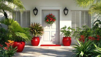 A stylish home entrance surrounded by red-hued plants symbolizing power.