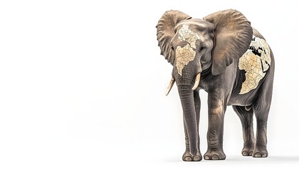 Fototapeta premium Elephant with world map markings stands against a plain background