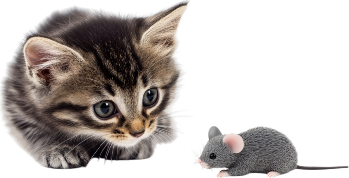 Cute tabby kitten observes a small gray mouse in a playful interaction on a white background