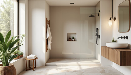 Modern minimalist bathroom with plants and natural light, serene design
