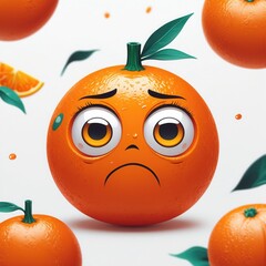 Sad orange fruit face with big eyes on white background. Cartoon style orange with green leaves. Cute looking fruit showing sad emotion.