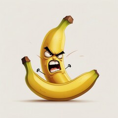 Angry banana cartoon. Yellow fruit with face and arms stands defiantly. Cartoon style image on white background depicts strong emotion.