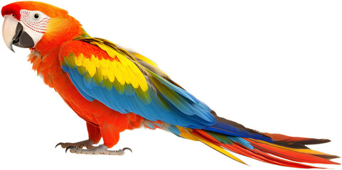Obraz premium Vibrant Scarlet Macaw Parrot with Colorful Feathers Perched Against a White Background